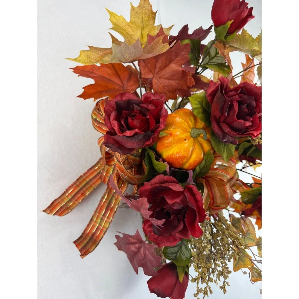 Fall Floral Cornucopia Wicker Basket Red Roses Pumpkin Harvest Decor